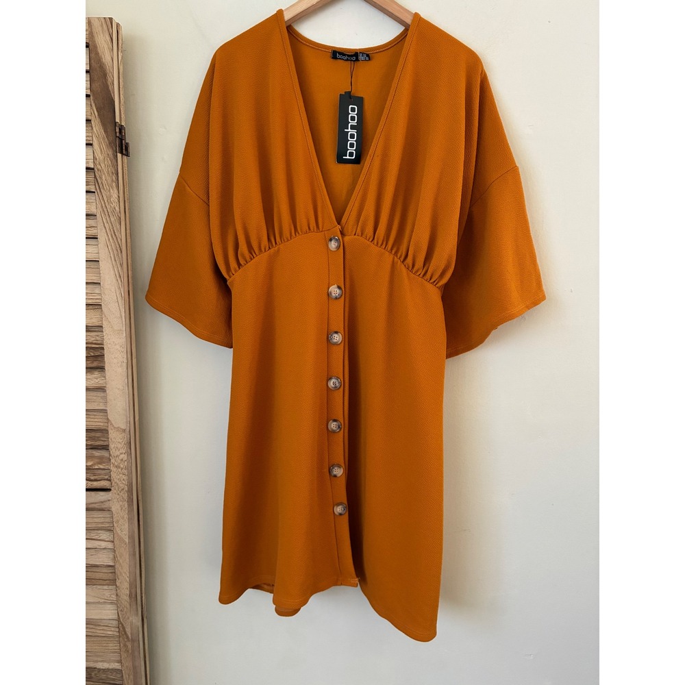 Boohoo Burnt Orange Button Down V-Neck Mini Dress Plus Size 20 Fall Cottagecore